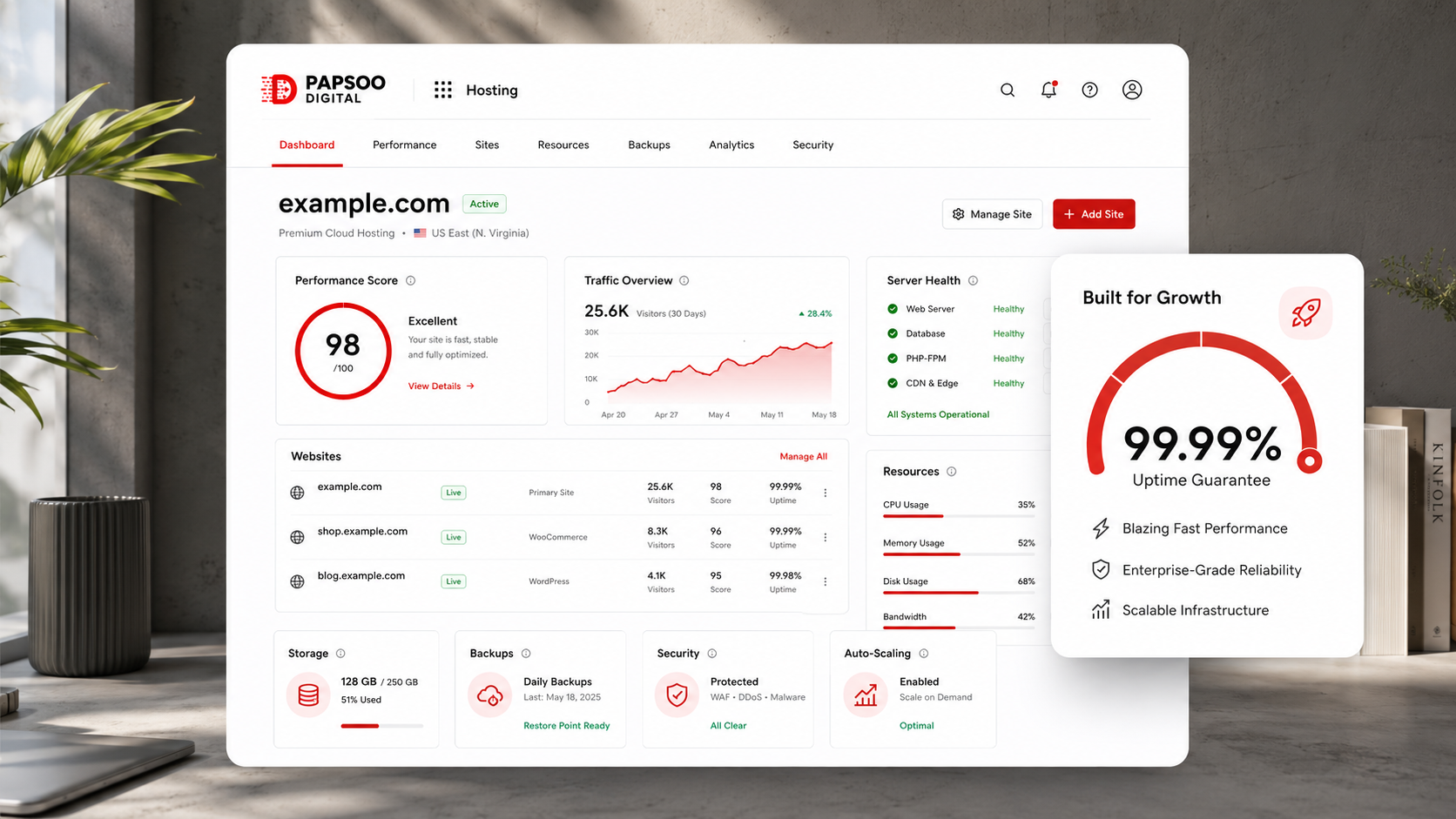 Shared hosting infrastructure and website performance dashboard